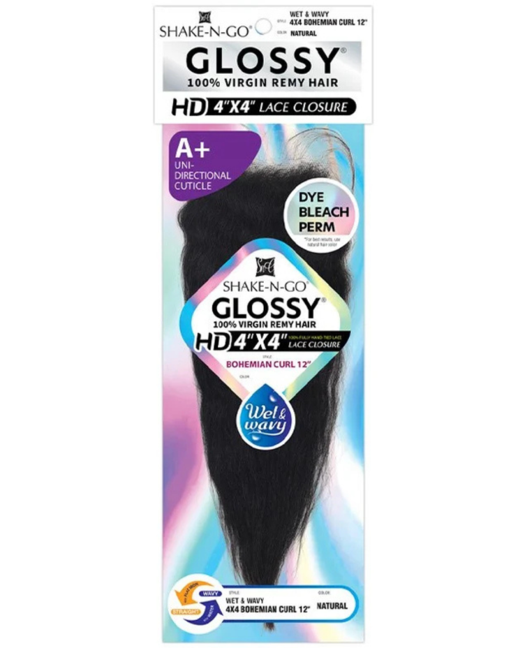 Shake-N-Go Virgin Hair HD Lace Closure Glossy 4x4 Wet n Wavy Bohemian 12"